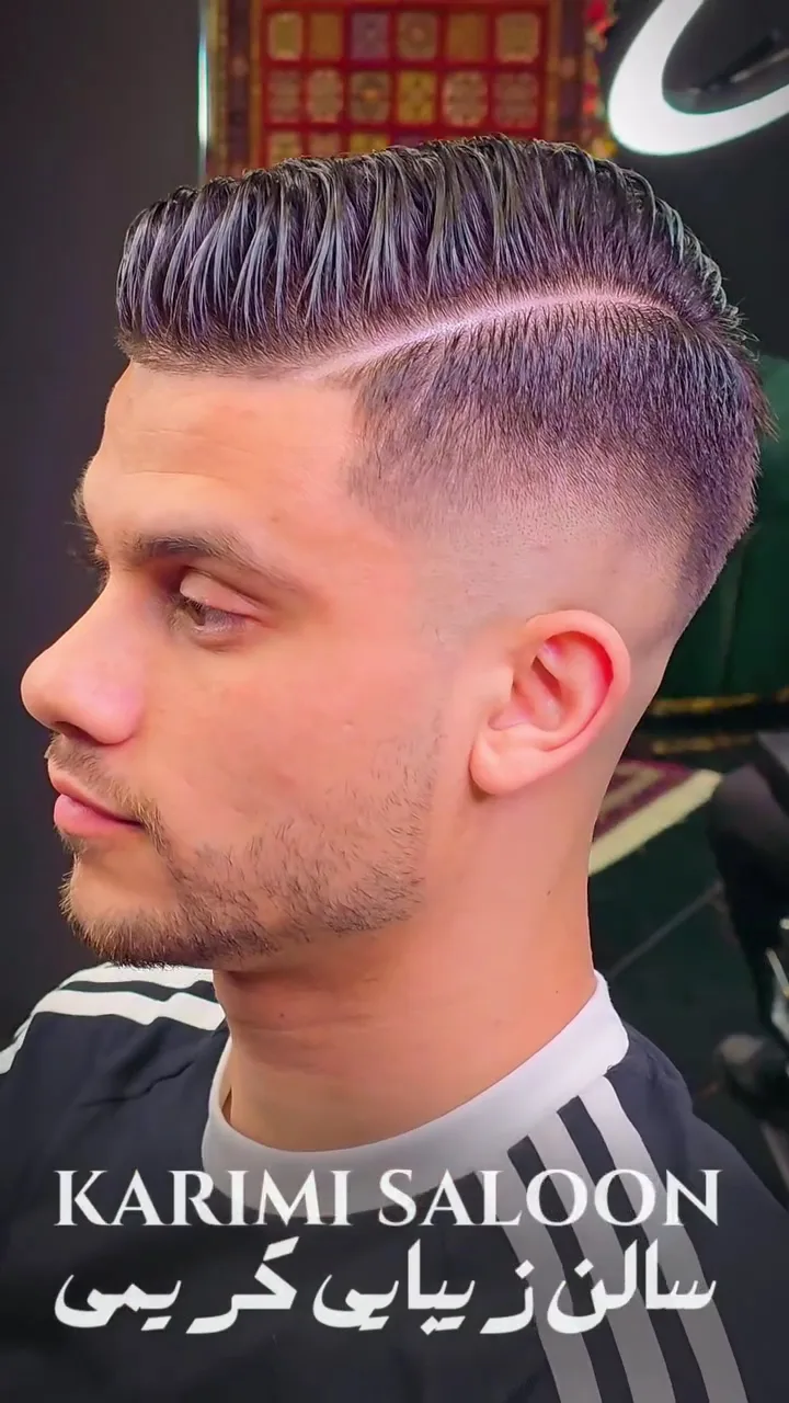 A sharp fade and styled haircut at Karimi Saloon